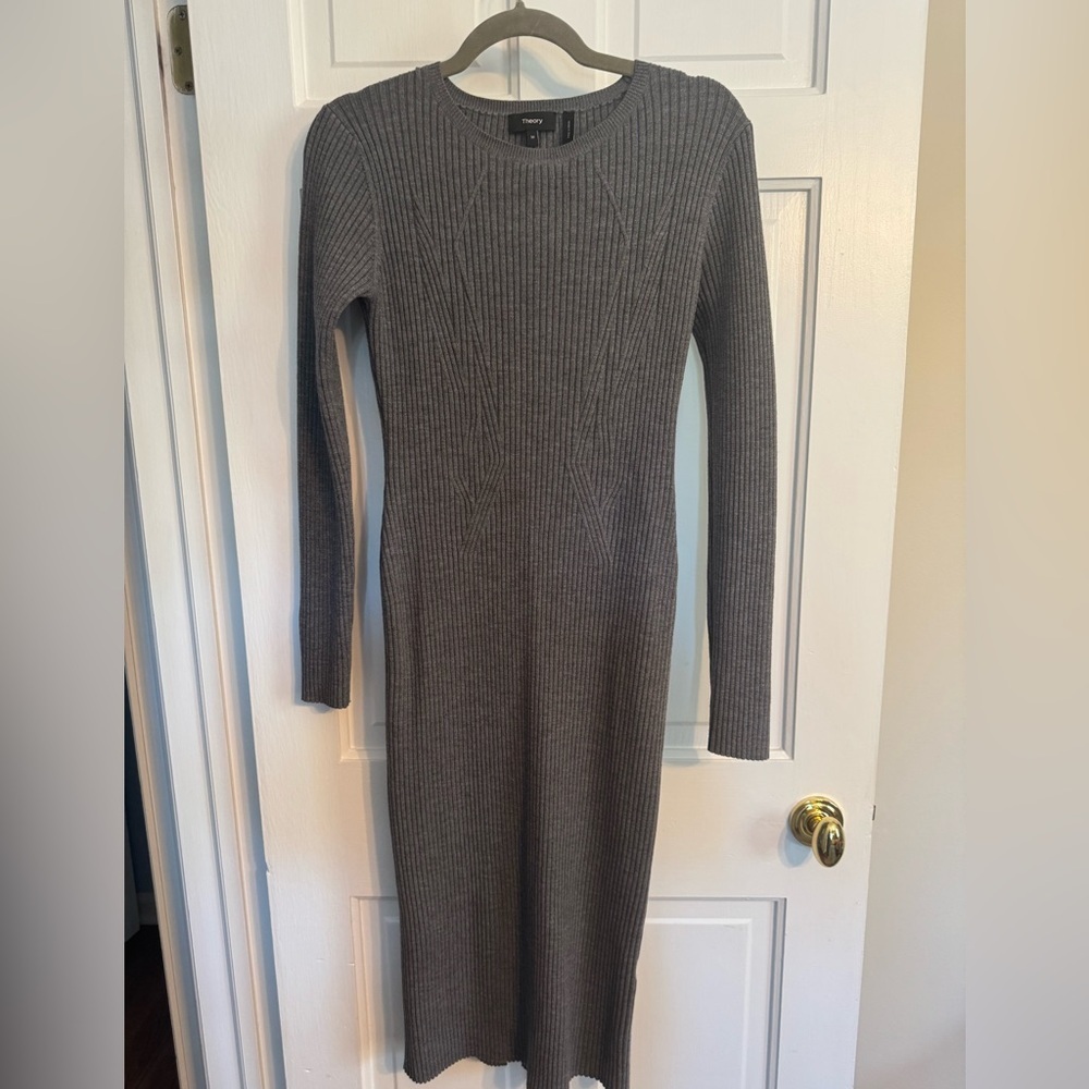 Theory Ribbed Knit Dress Size Medium Charcoal Wool Blend Long Sleeve Midi Minima